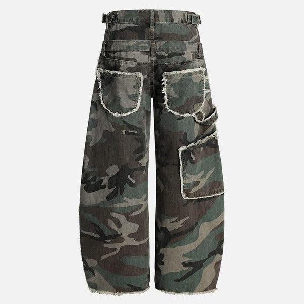 Baggy Barrel Camo Cargo Pants With Double Waistband - Trendy Streetwear – side profile view