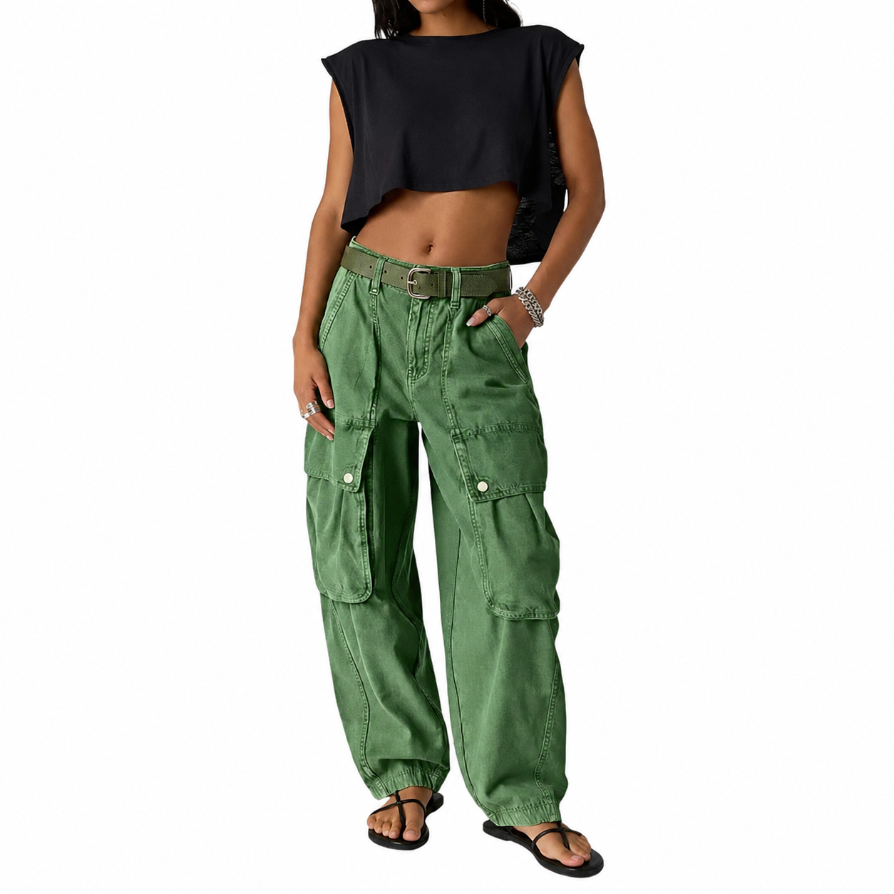 Solid Color Flap Pocket Mid Rise Wide Cargo Pants For Women