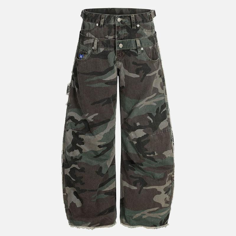 Baggy Barrel Camo Cargo Pants With Double Waistband - Trendy Streetwear – women's cargo pants front view
