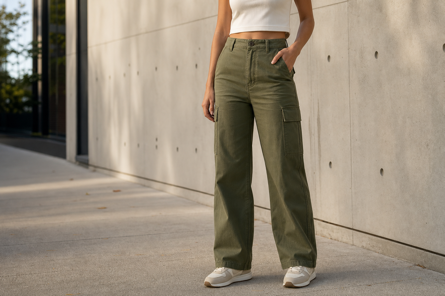 Woman wearing olive wide-leg cargo pants with flap pockets on a city sidewalk