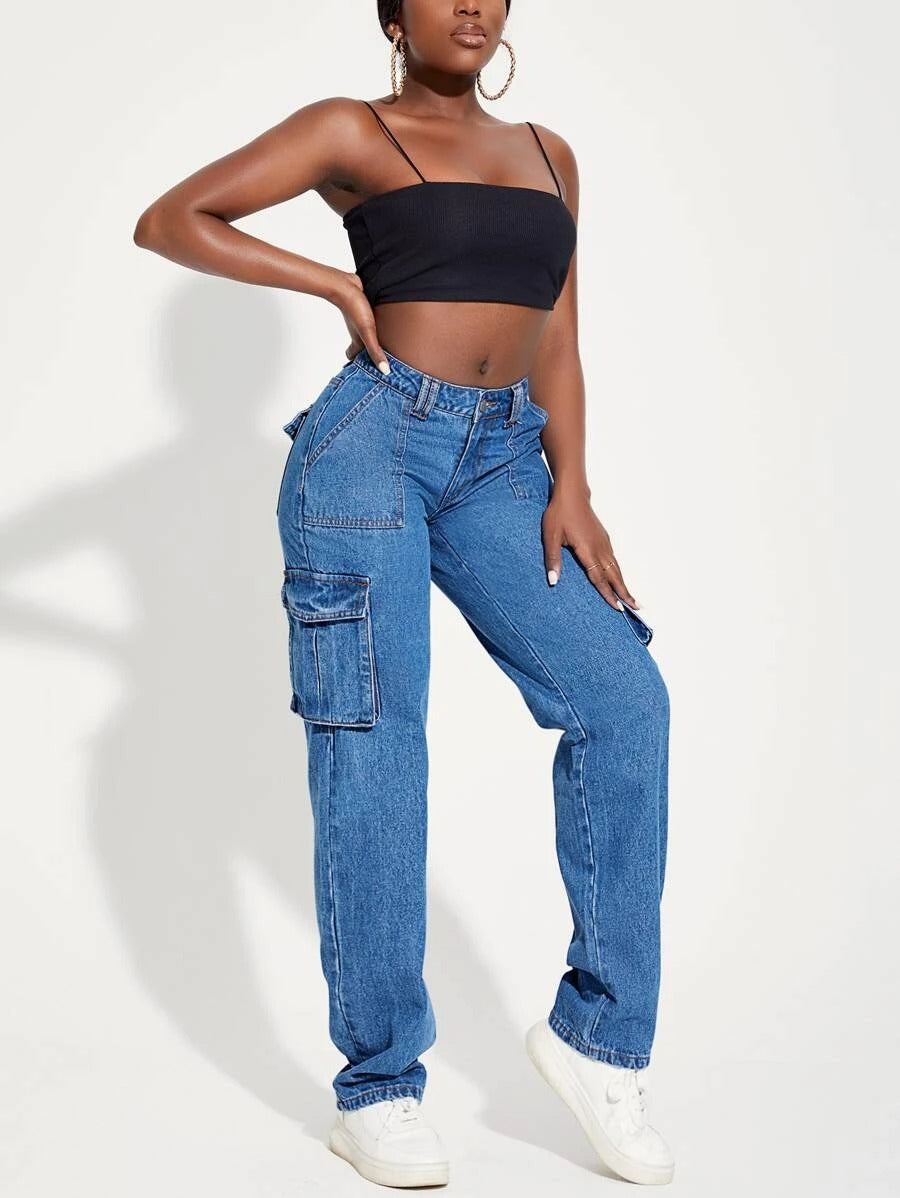 Flap Pocket Side Cargo Jeans in Black – women's cargo pants front view