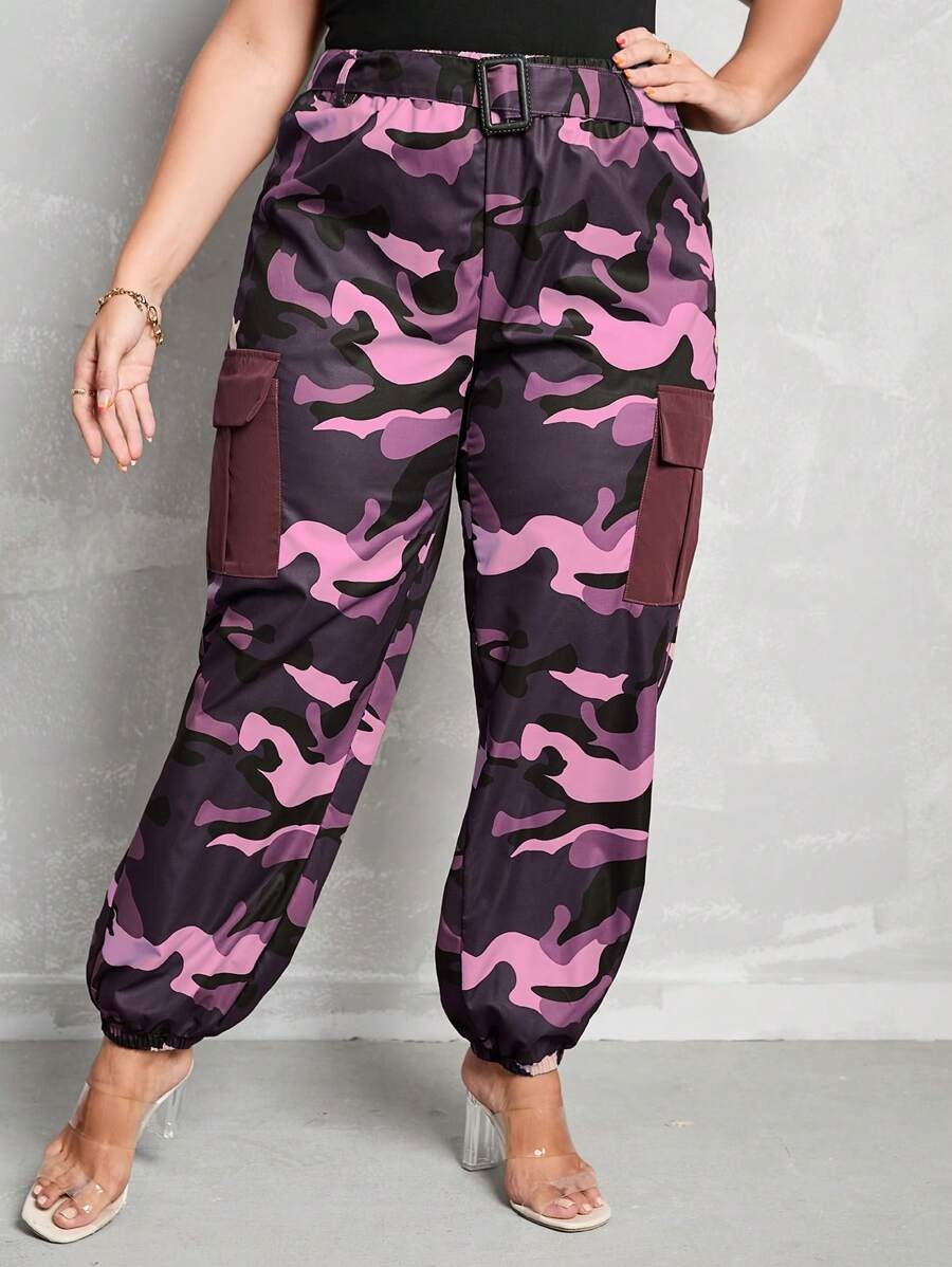 Camo Print Flap Side Pocket Cargo Pants – full length outfit view