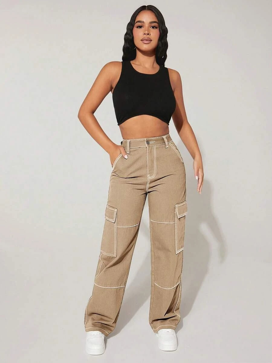 High Waist Flap Pocket Cargo Jeans in Green #s-10 – side profile view