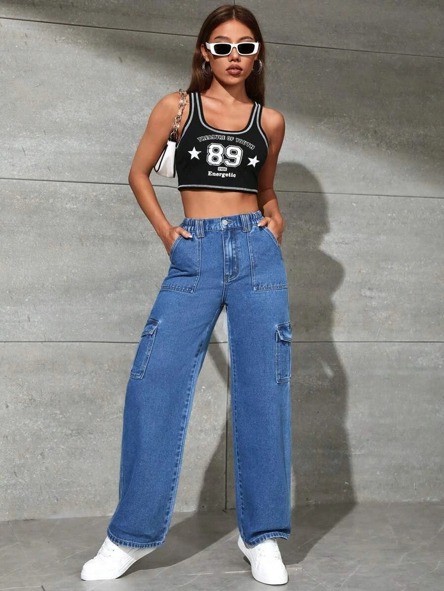 High Waist Flap Pocket Cargo Jeans in Beige – side profile view