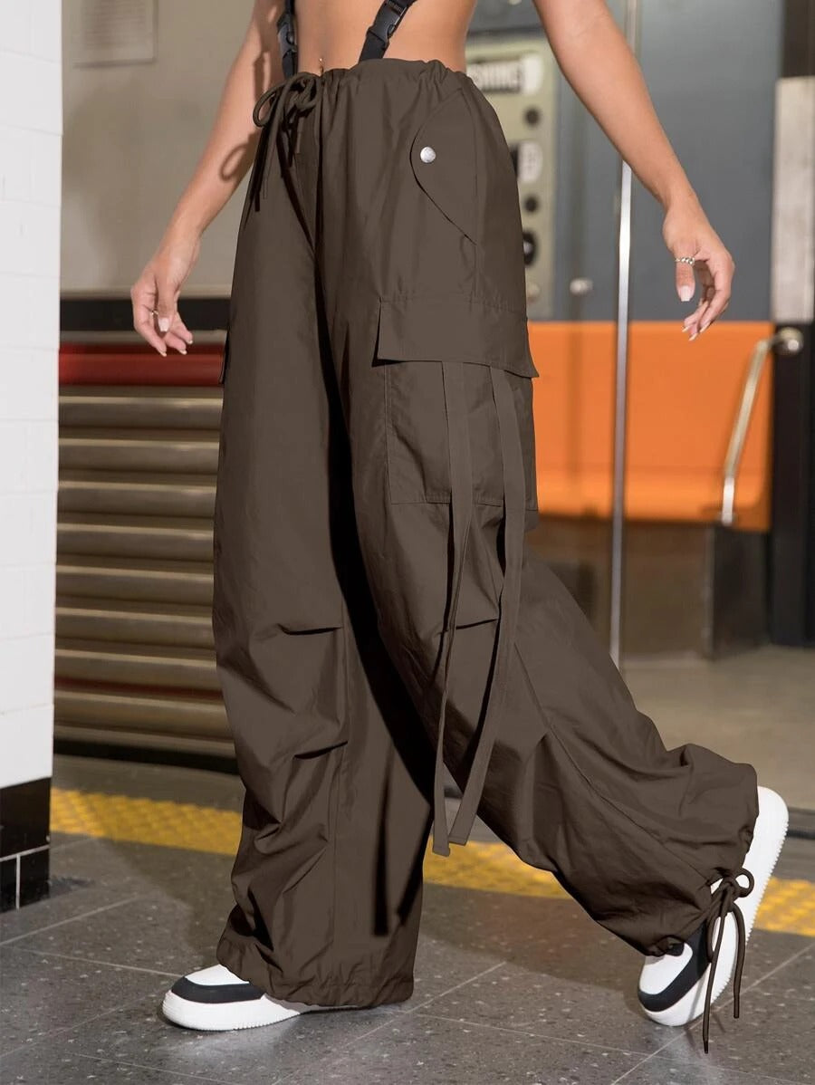 Flap Pocket Drawstring Hem Cargo Parachute Pants in Light Gray – lifestyle view 12