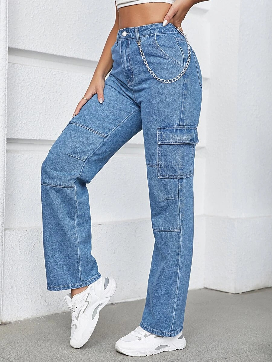 High Waist Chain Detail Cargo Jeans – full length outfit view