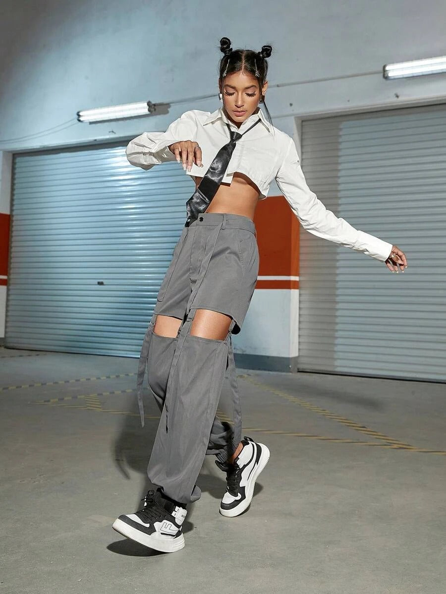 Cut Out Buckle Detail Cargo Pants – side profile view