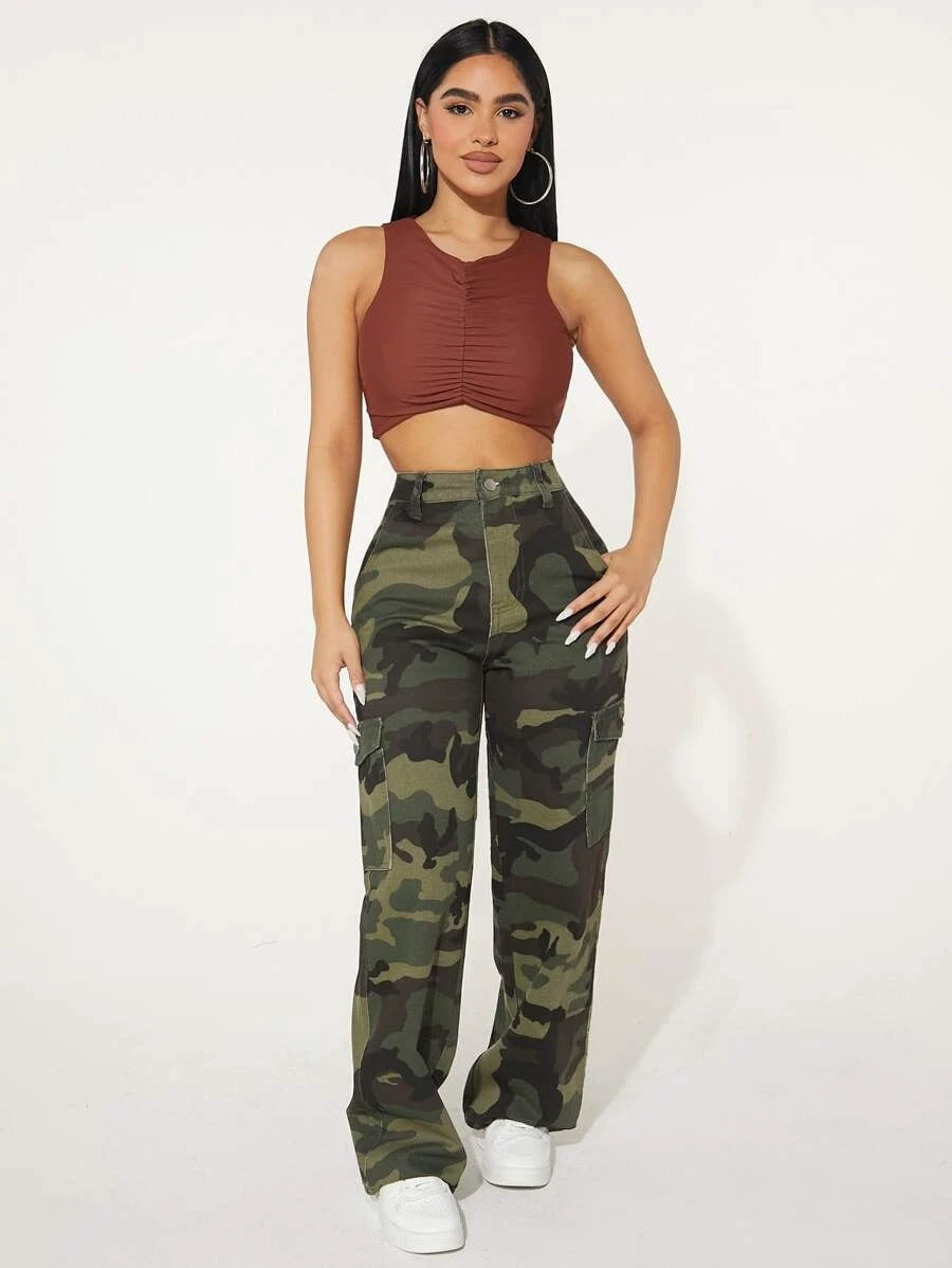 Camo Print Pocket Easy Wear Cargo Jeans – side profile view