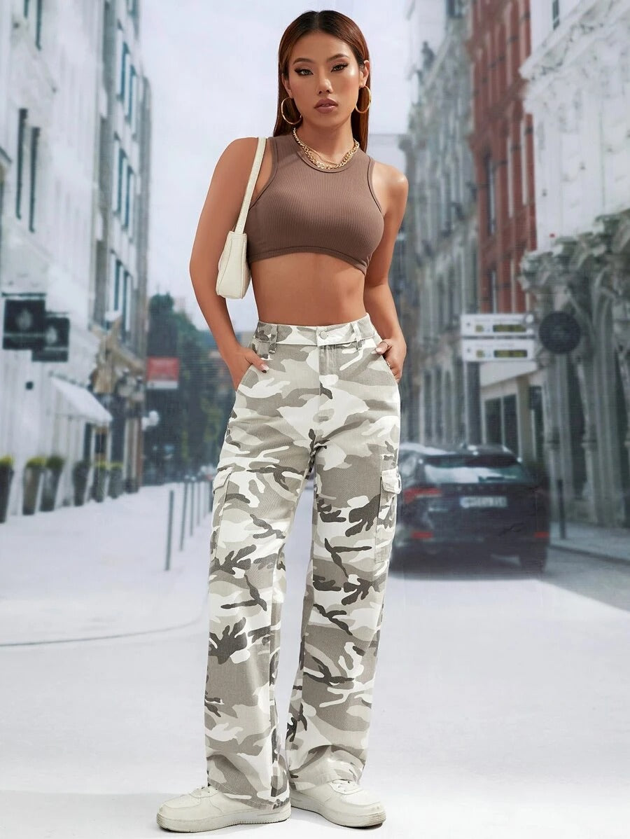 Camo Print Pocket Easy Wear Cargo Jeans – lifestyle view 11