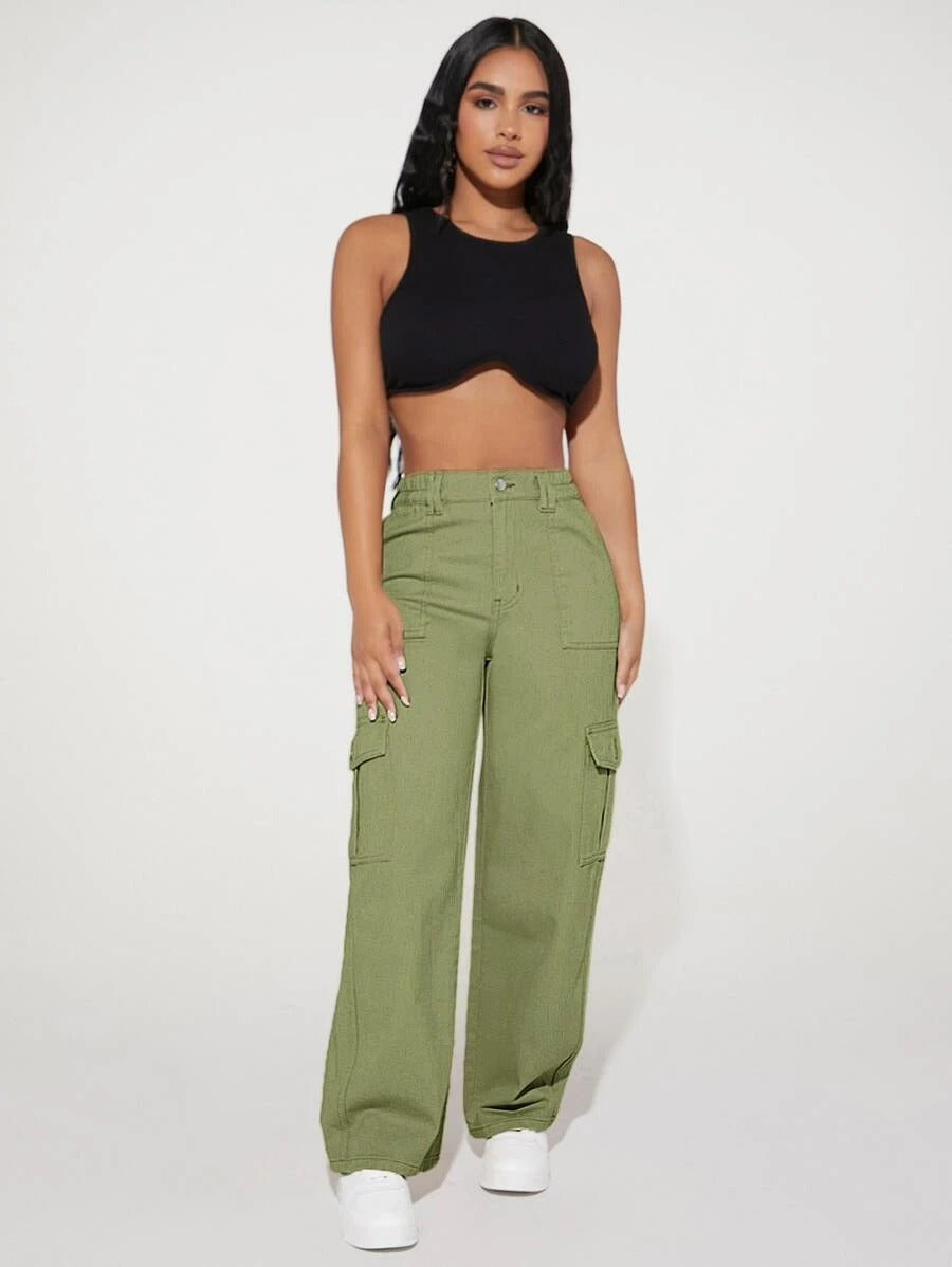High Waist Flap Pocket Cargo Jeans in Green #s-16 – side profile view