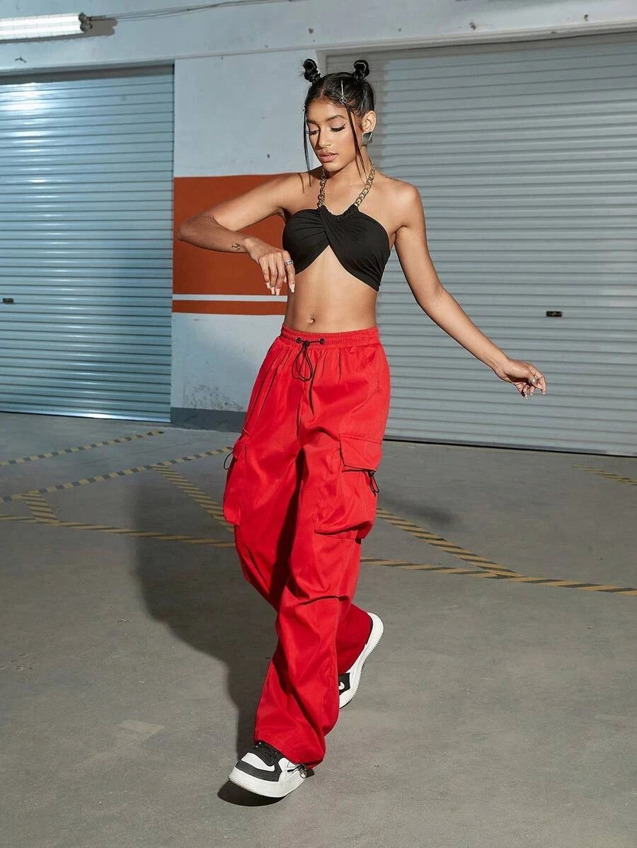 Drawstring Waist Pocket Side Parachute Cargo Pants – lifestyle view 13