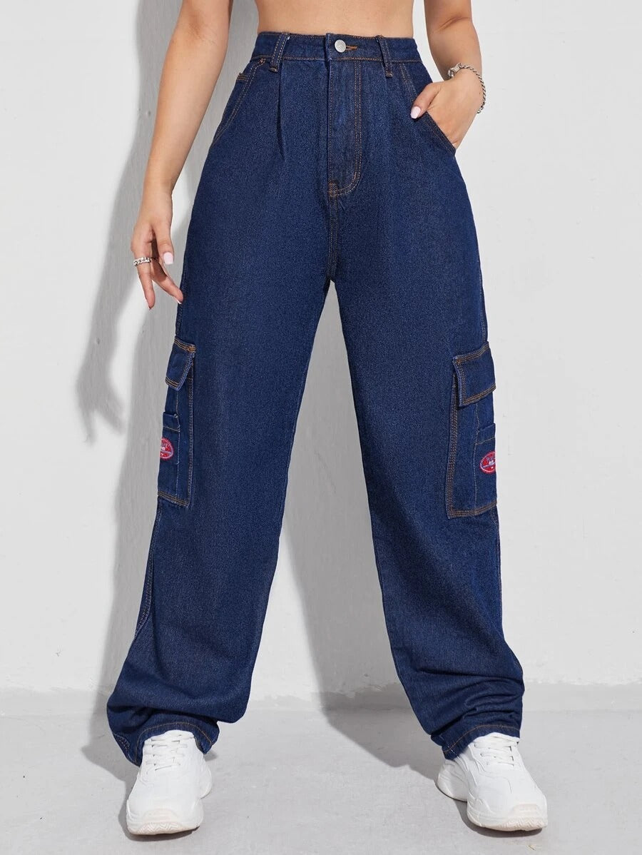 Patched Detail Flap Pocket Wide Leg Jeans in Dark Blue – fabric detail close-up