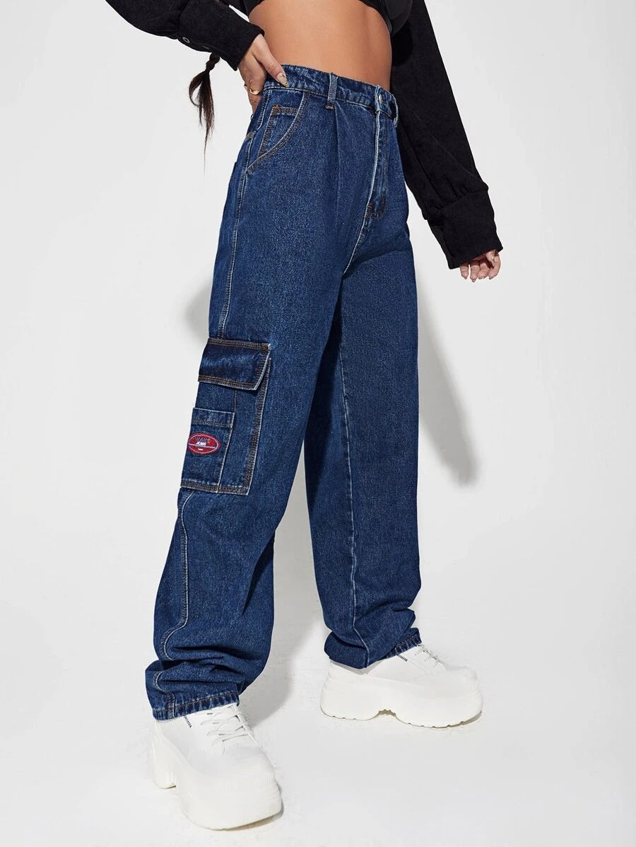 Patched Detail Pocket Wide Leg Jeans – model wearing view
