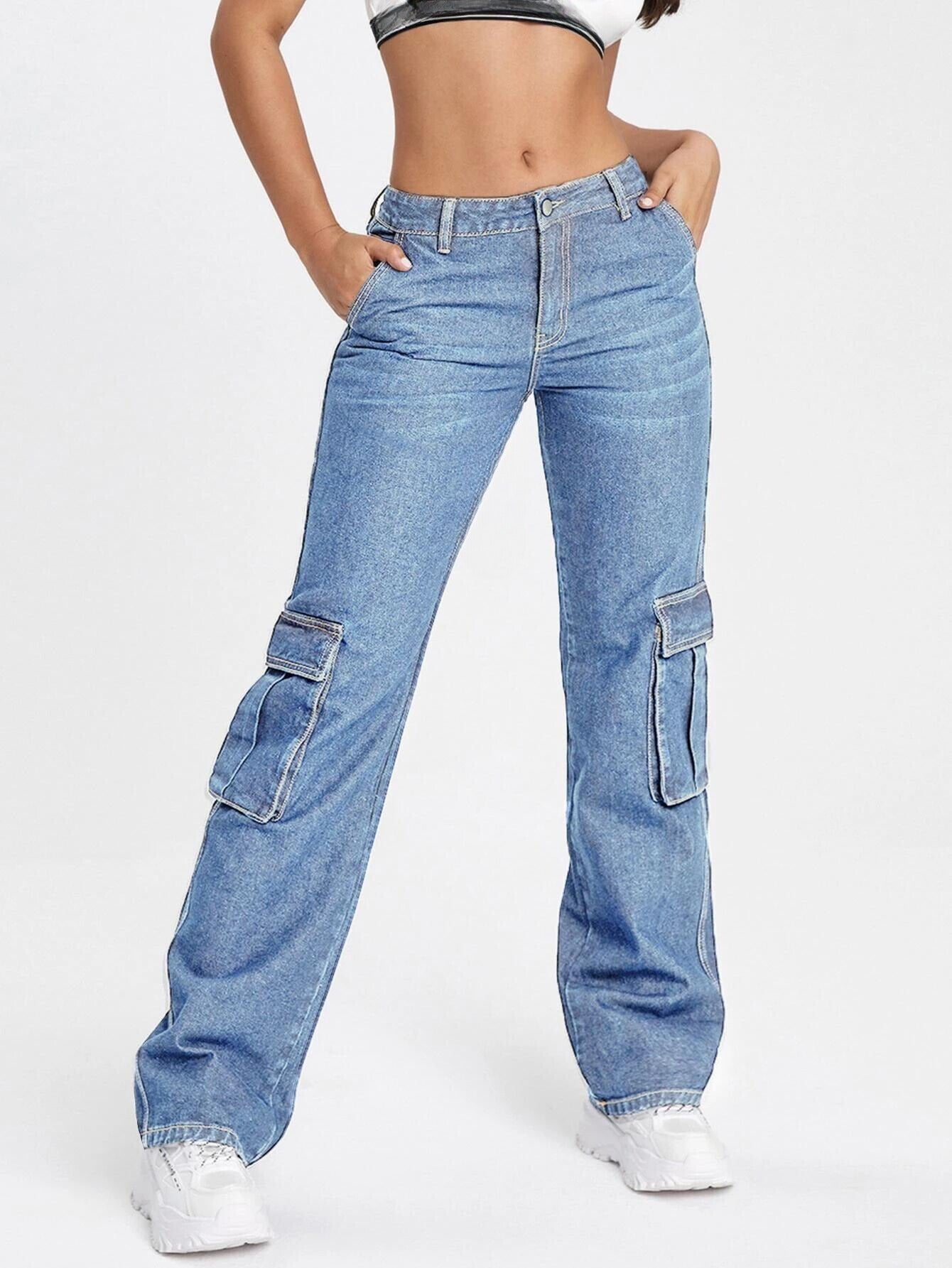 Zipper Fly Flap Pocket Cargo Jeans