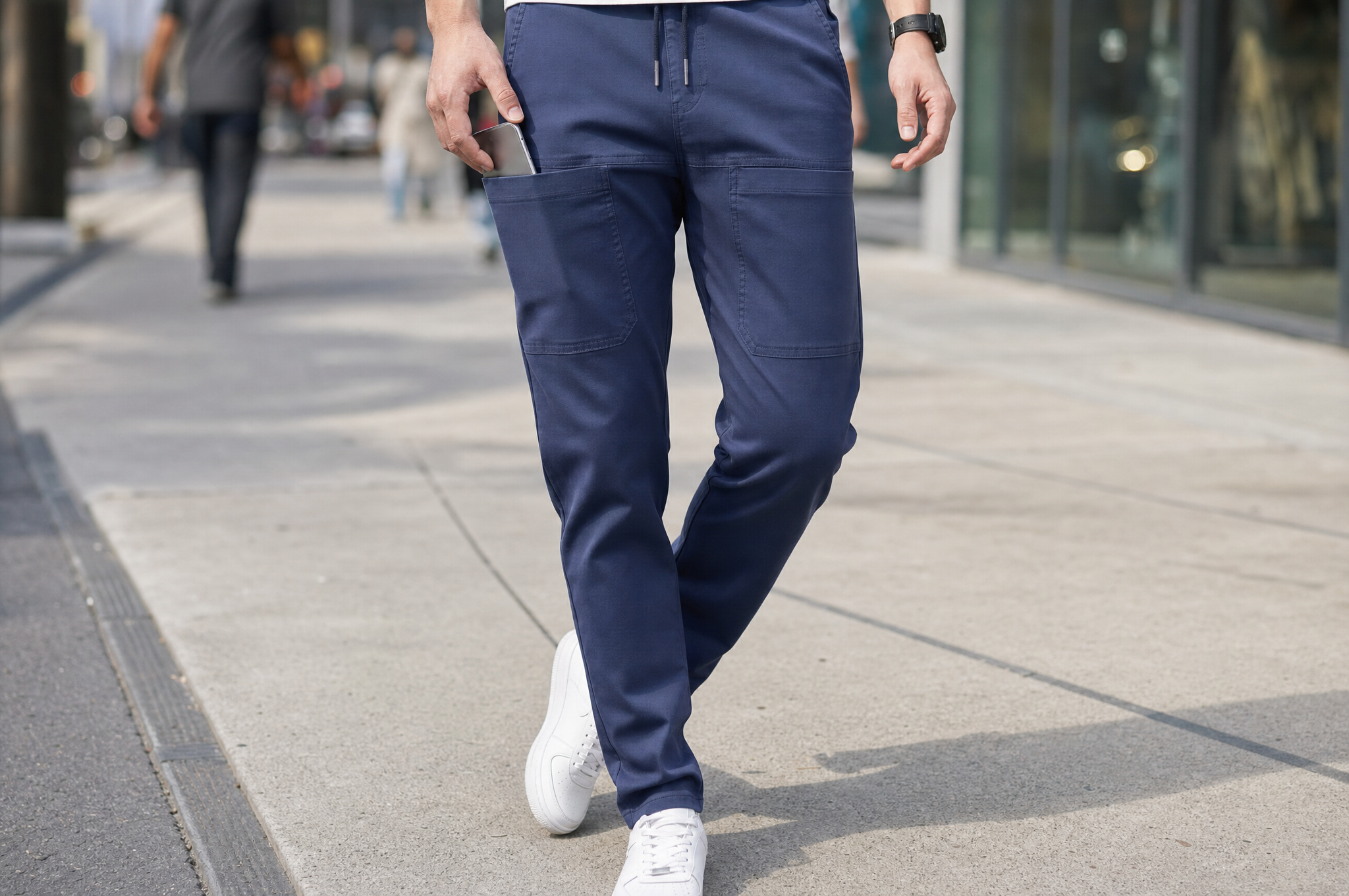 Man walking on a city sidewalk in navy stretch cargo pants, sliding a phone into the side pocket
