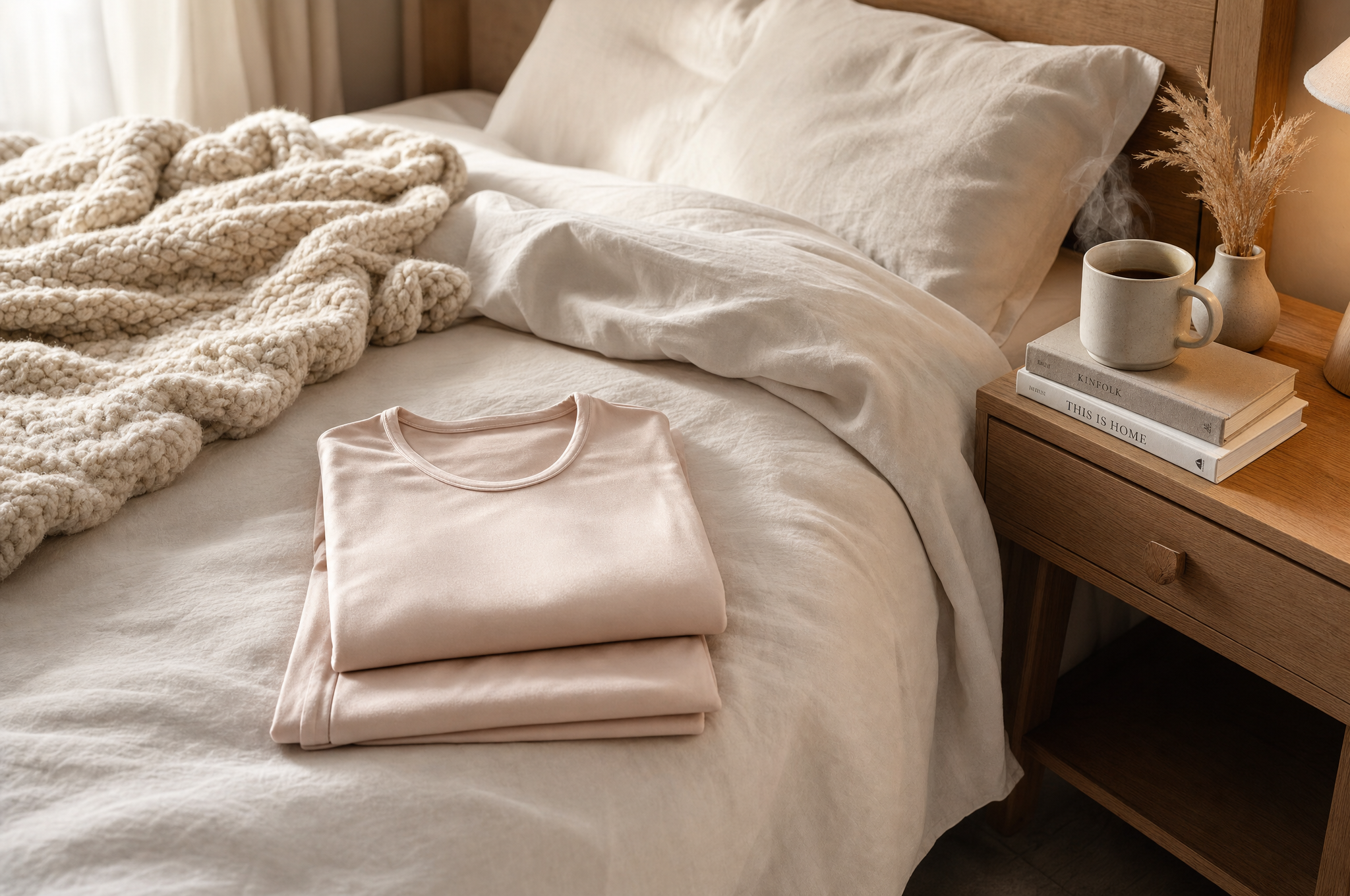 Champagne silky thermal top and leggings folded on a bed beside a nightstand with coffee