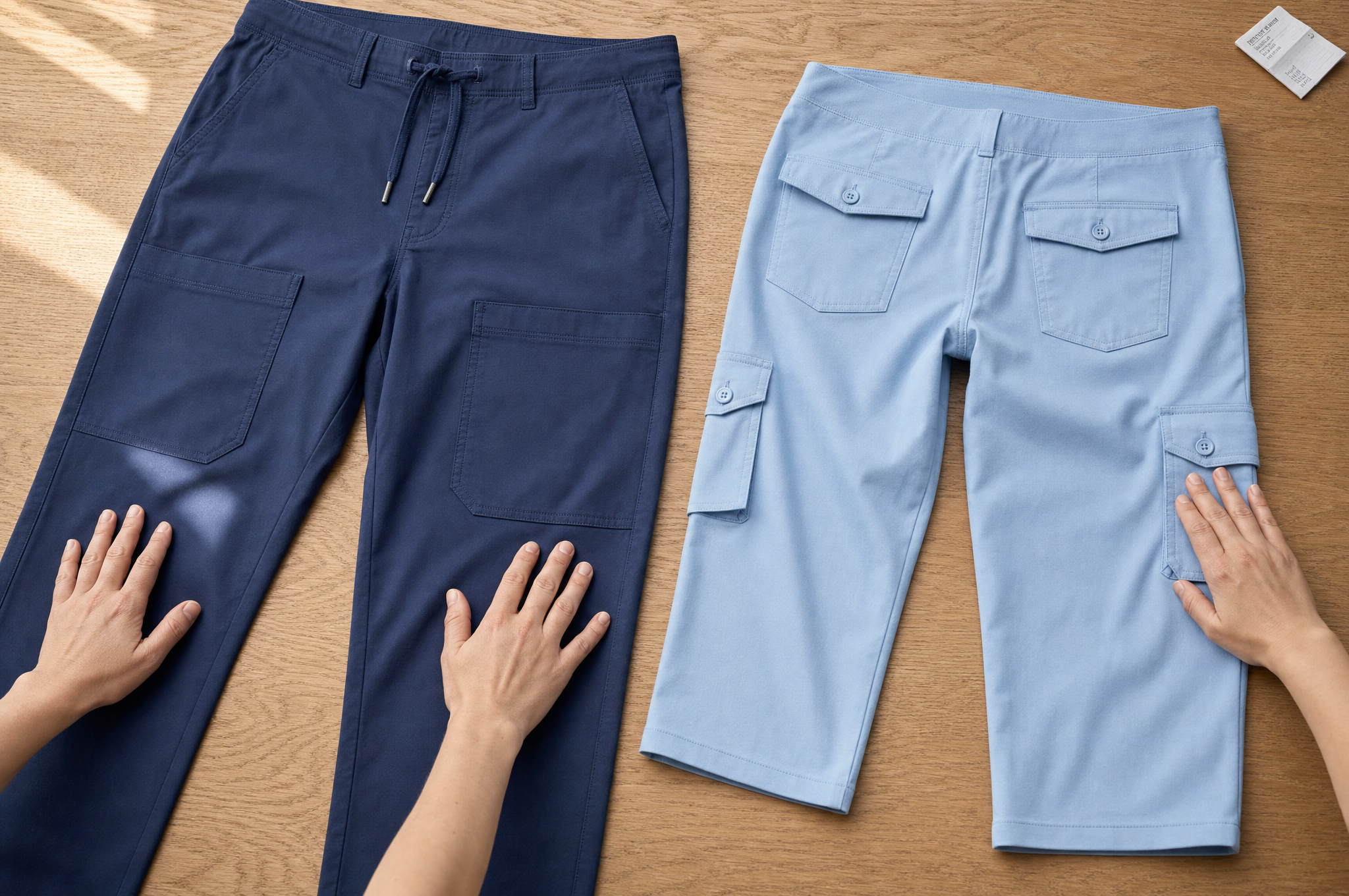 Navy men's cargo pants and light blue women's cargo capris laid side by side with hands smoothing the fabric