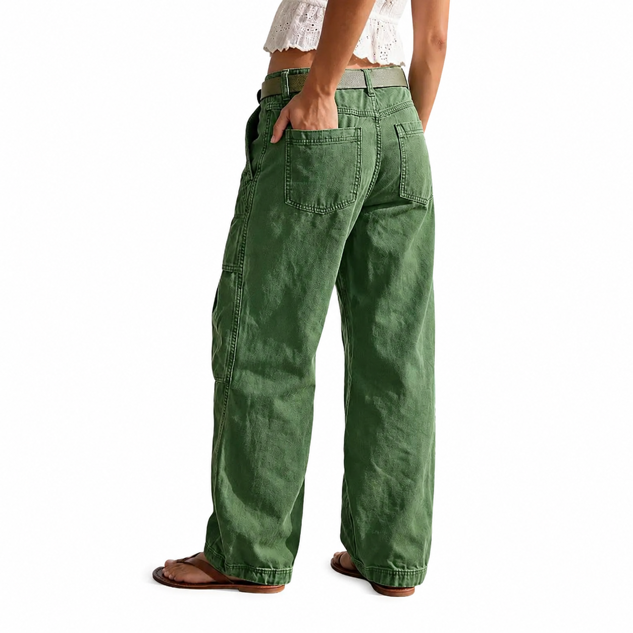 Solid Color Flap Pocket Mid Rise Wide Cargo Pants For Women