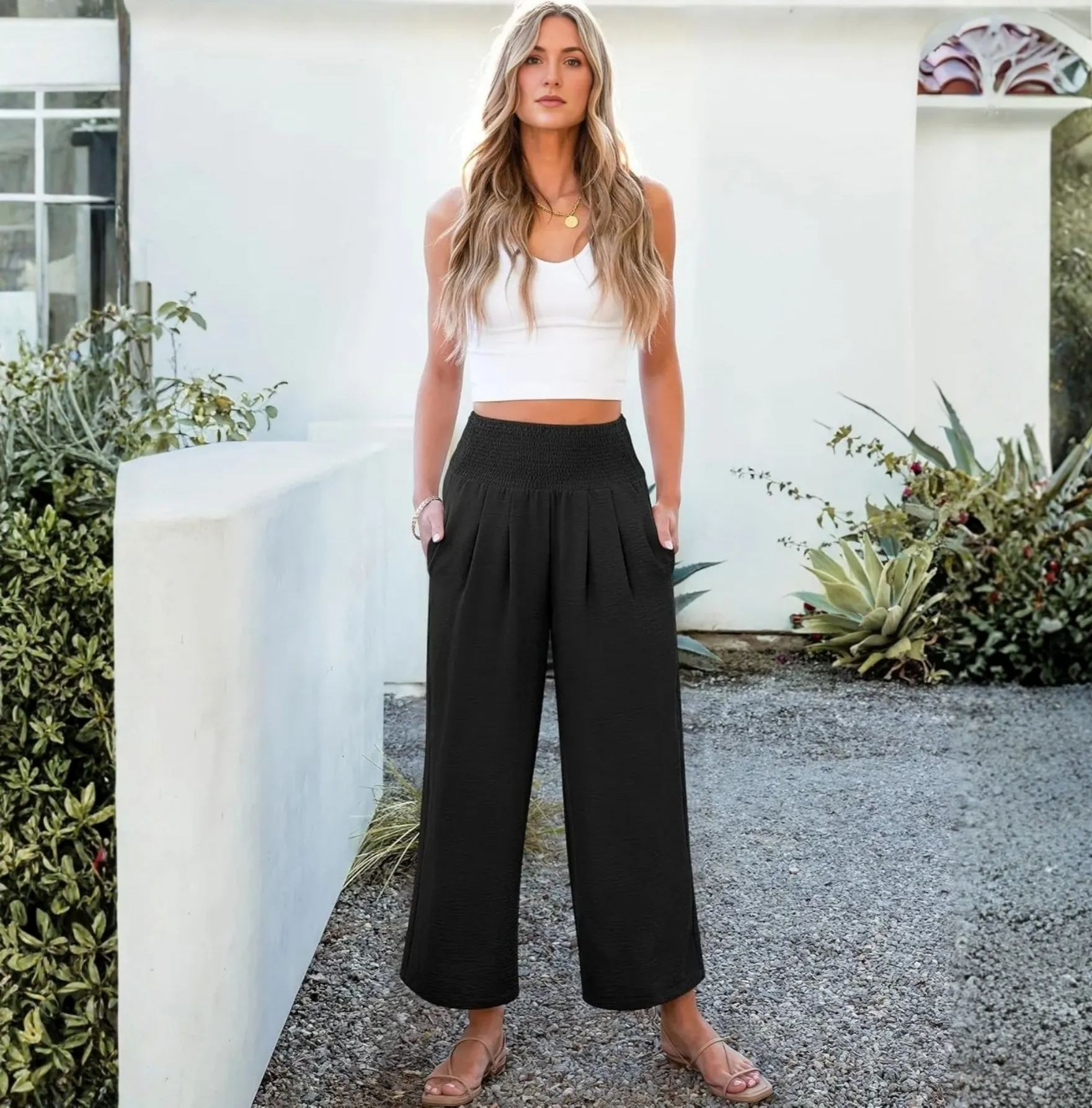 Summer Casual Flowy Palazzo Trousers For Women – full length outfit view