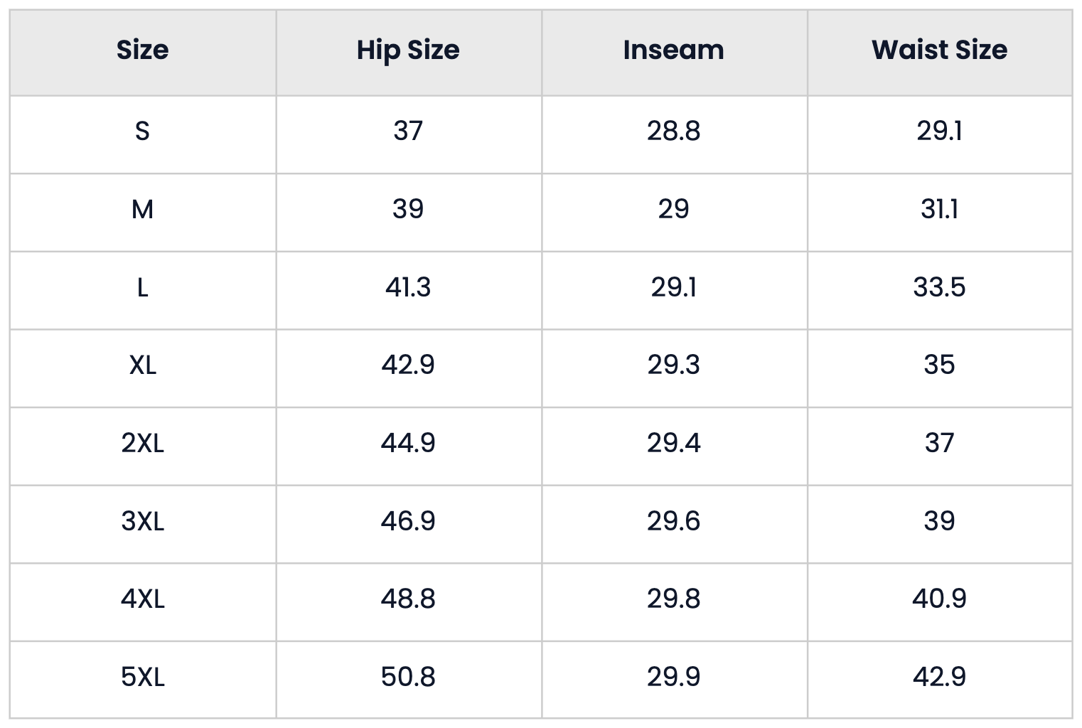 Size Chart for Vintage Washed Casual Denim Jeans for Men