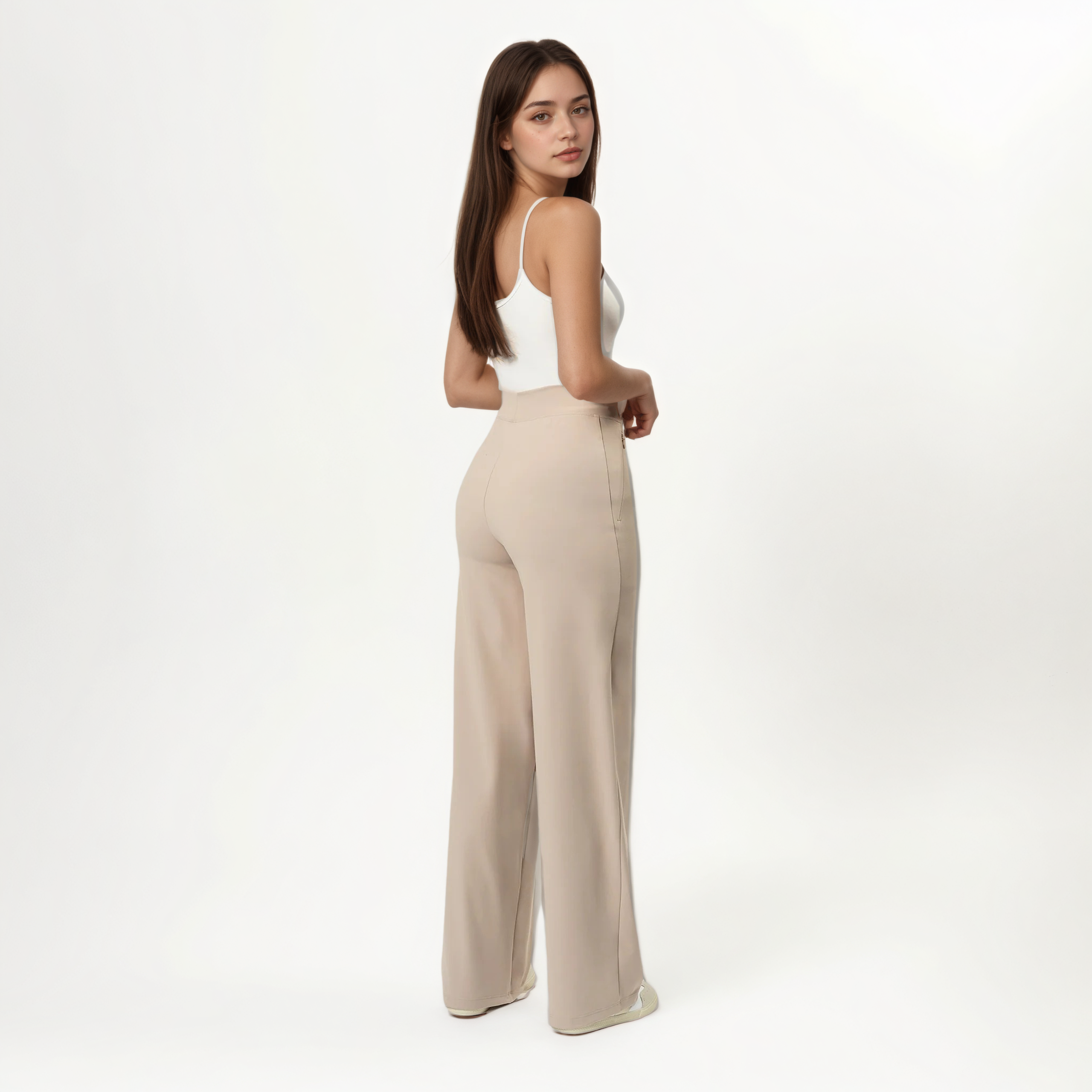 High Rise Straight Fit Pants With Zip Pocket Design – fabric detail close-up