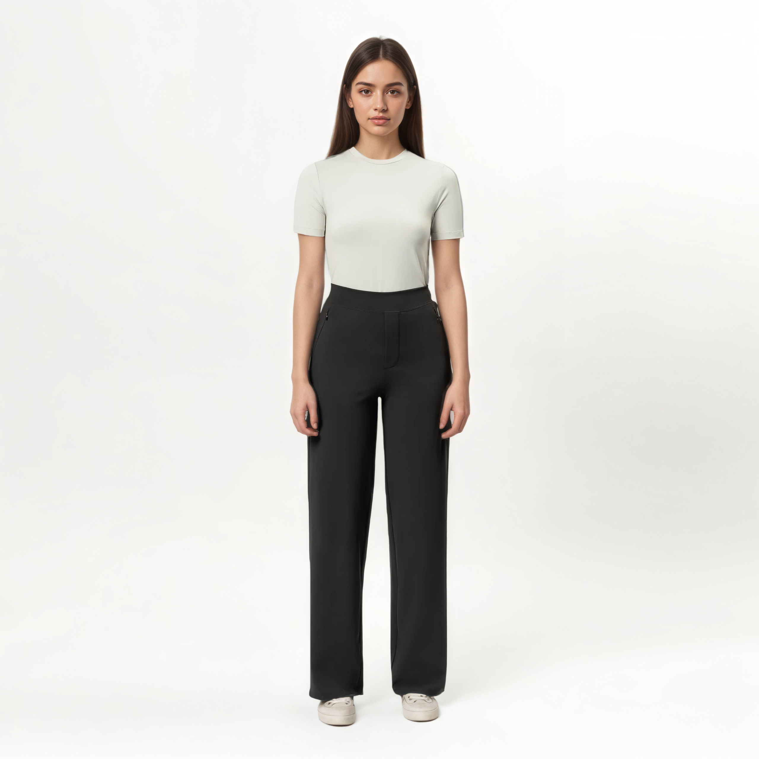 High Rise Straight Fit Pants With Zip Pocket Design – full length outfit view