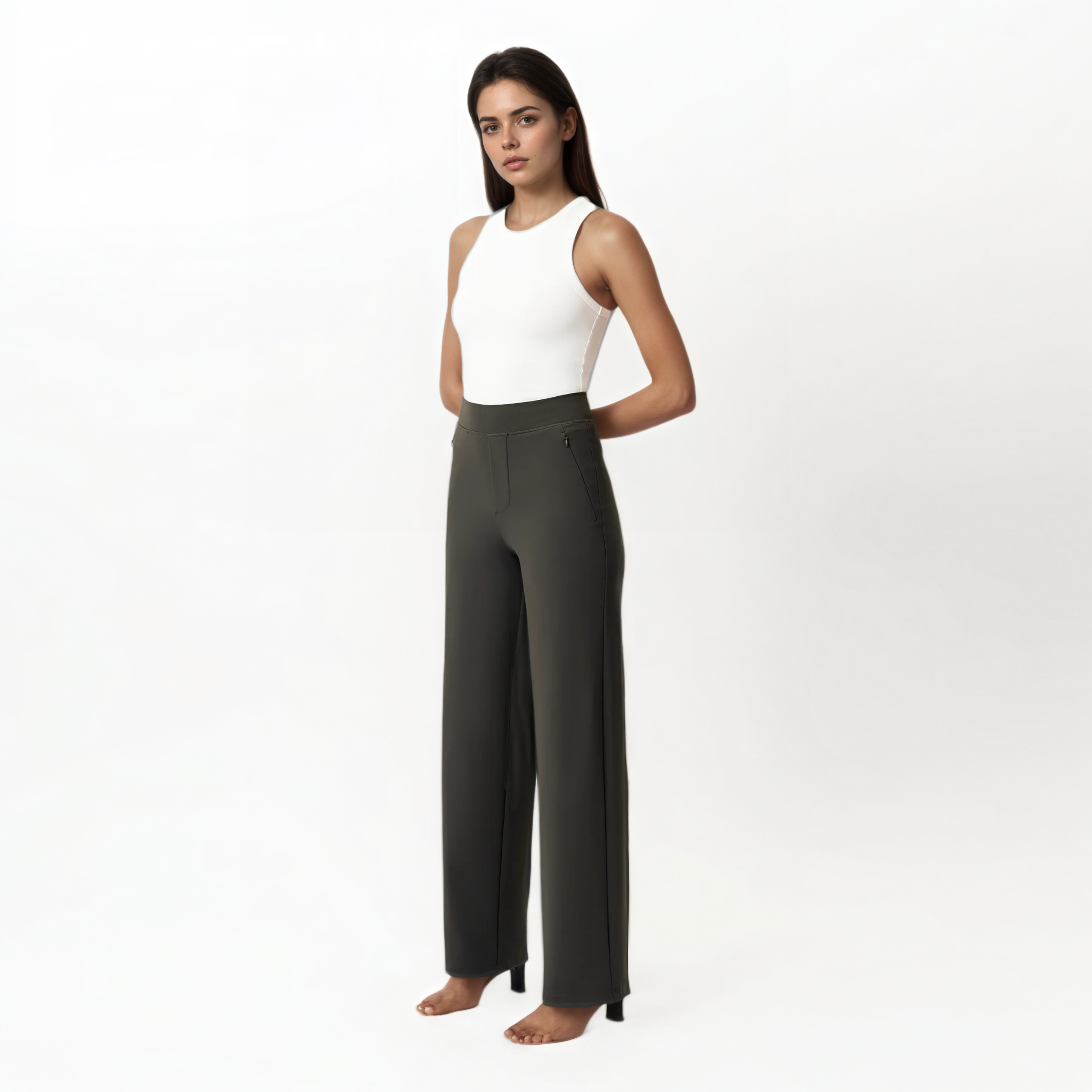 High Rise Straight Fit Pants With Zip Pocket Design