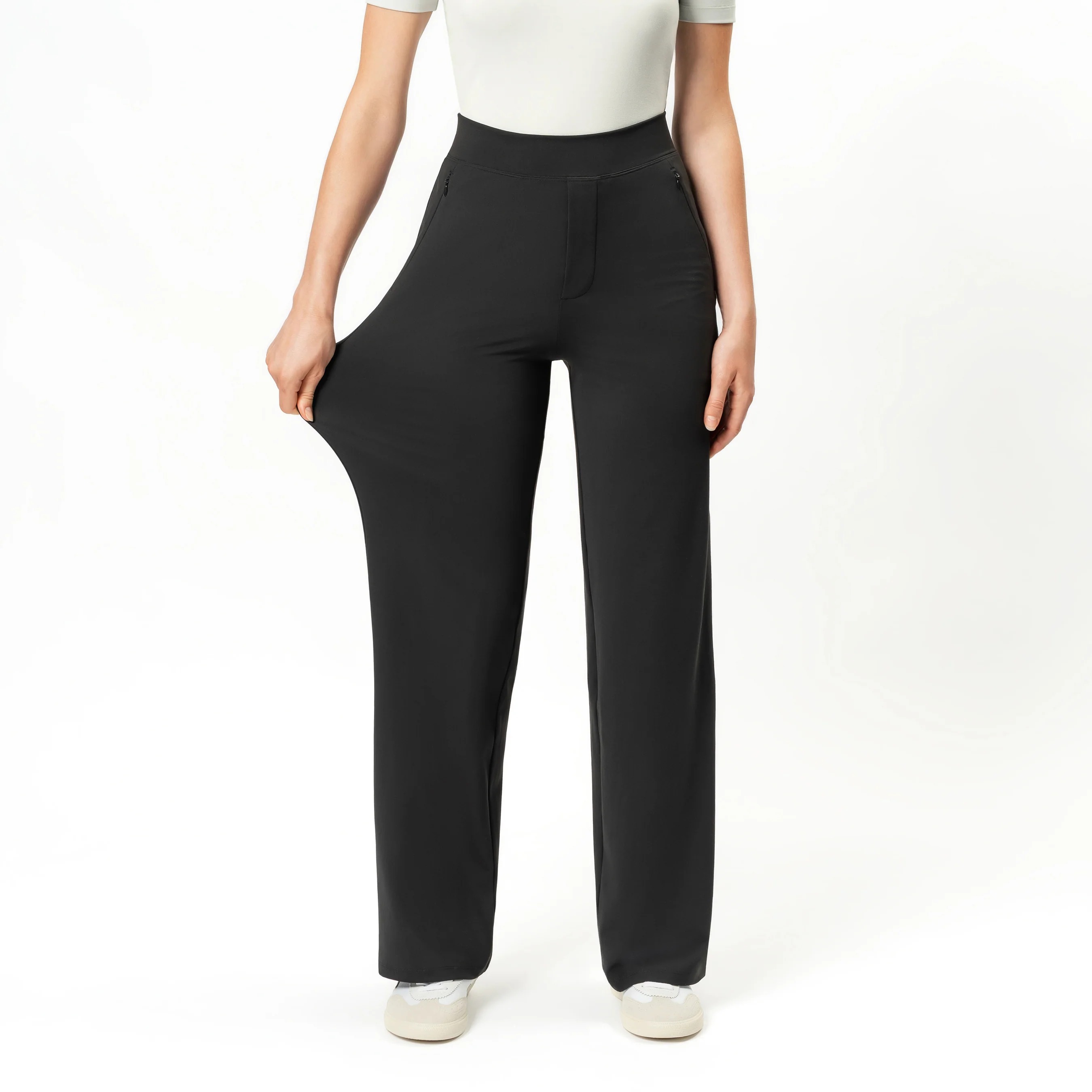 High Rise Straight Fit Pants With Zip Pocket Design – side profile view