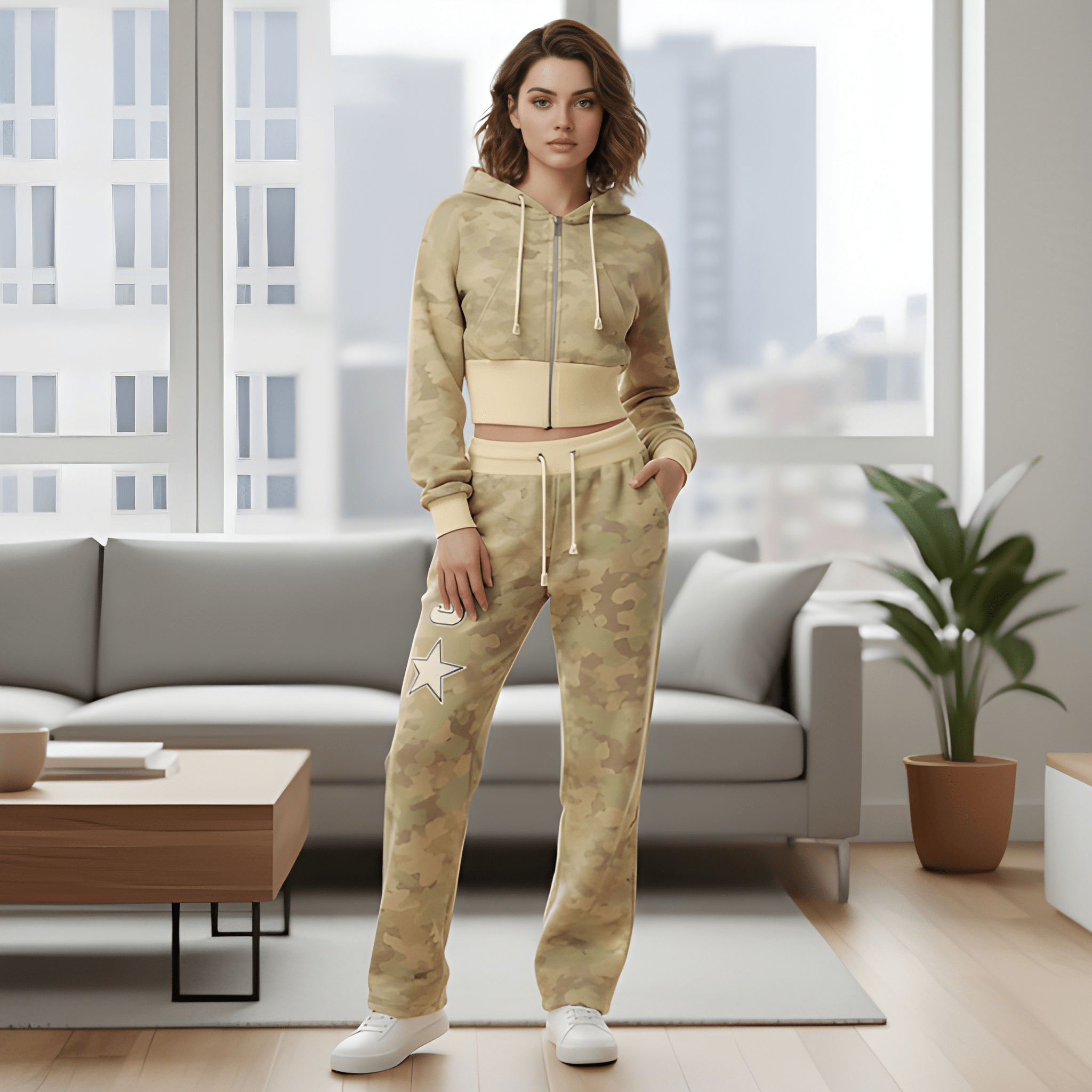 Women's Casual Camo Hoodie Outfit Set – model wearing view