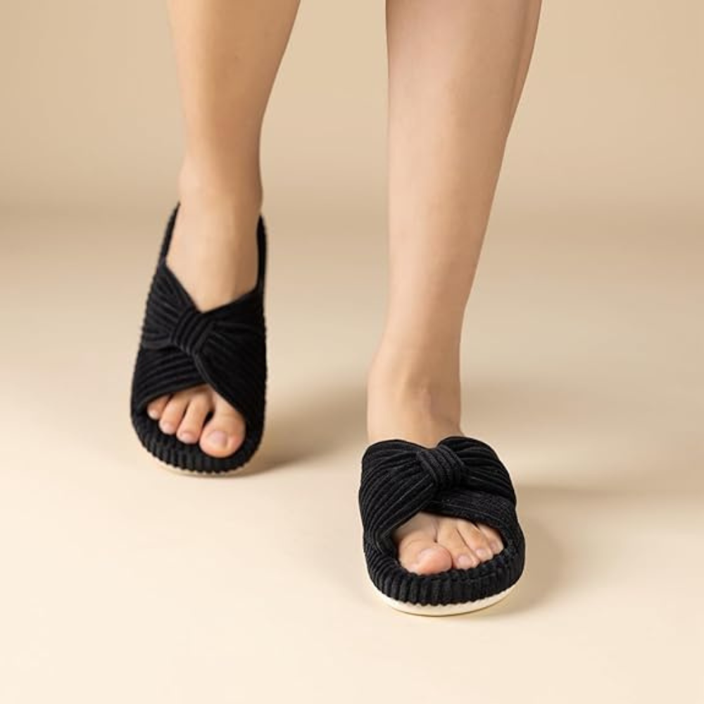 Women Memory Foam Corduroy Bow Crossband Slides