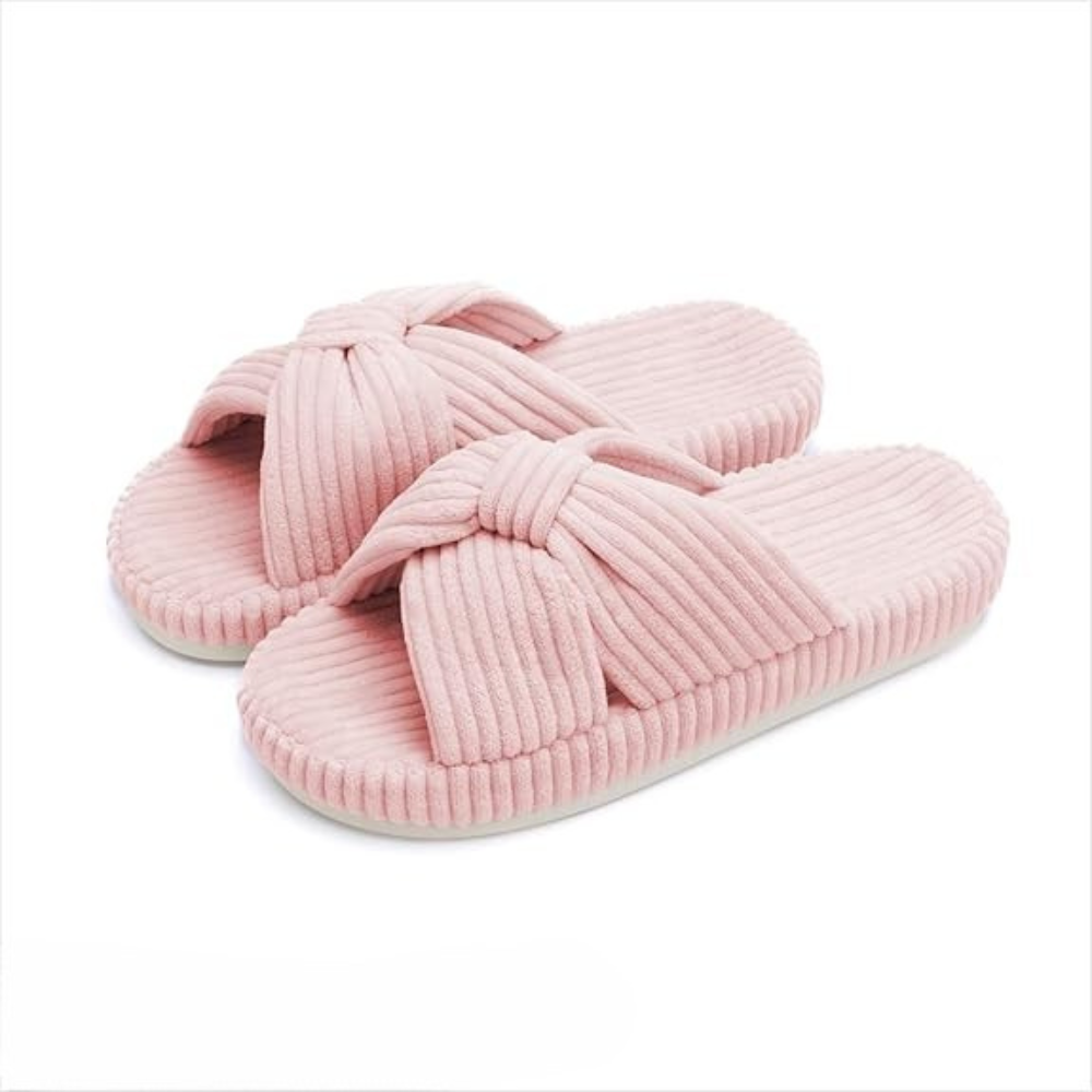 Women Memory Foam Corduroy Bow Crossband Slides