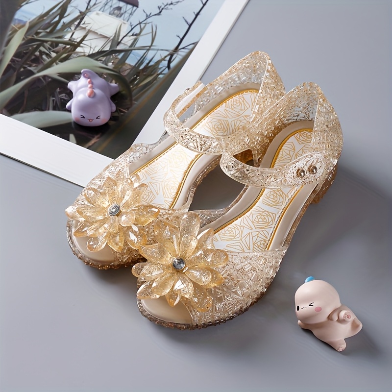 Sparkling Floral Jelly Sandals with Adjustable Strap for Girls