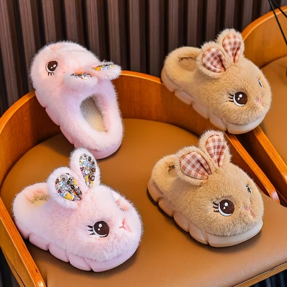 Plush Bunny Slip On Slippers With Warm Lining And PVC Sole For Kids