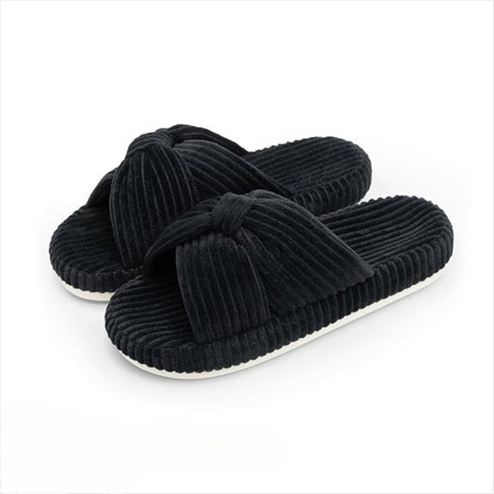 Women Memory Foam Corduroy Bow Crossband Slides