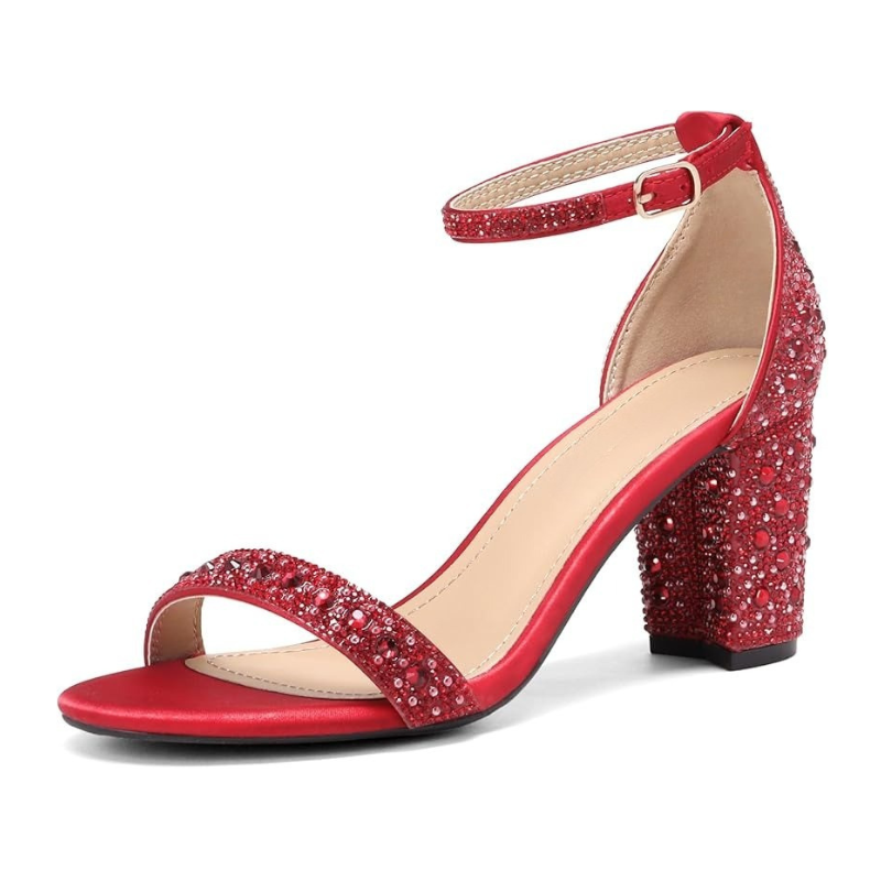 Rhinestone Chunky Low Pump Sandals With Adjustable Buckle