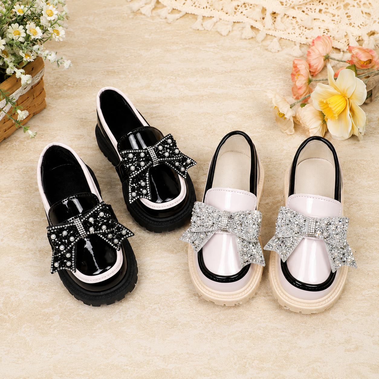 Bowknot Hook And Loop Non Slip Versatile Loafer Shoes For Girls