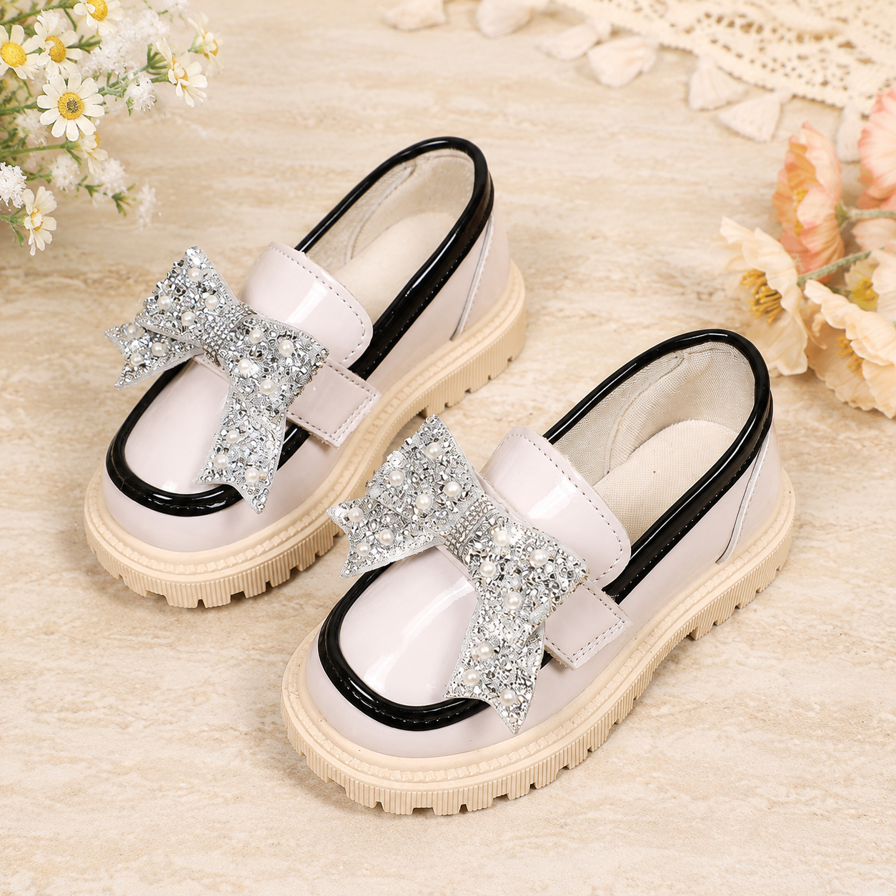 Bowknot Hook And Loop Non Slip Versatile Loafer Shoes For Girls