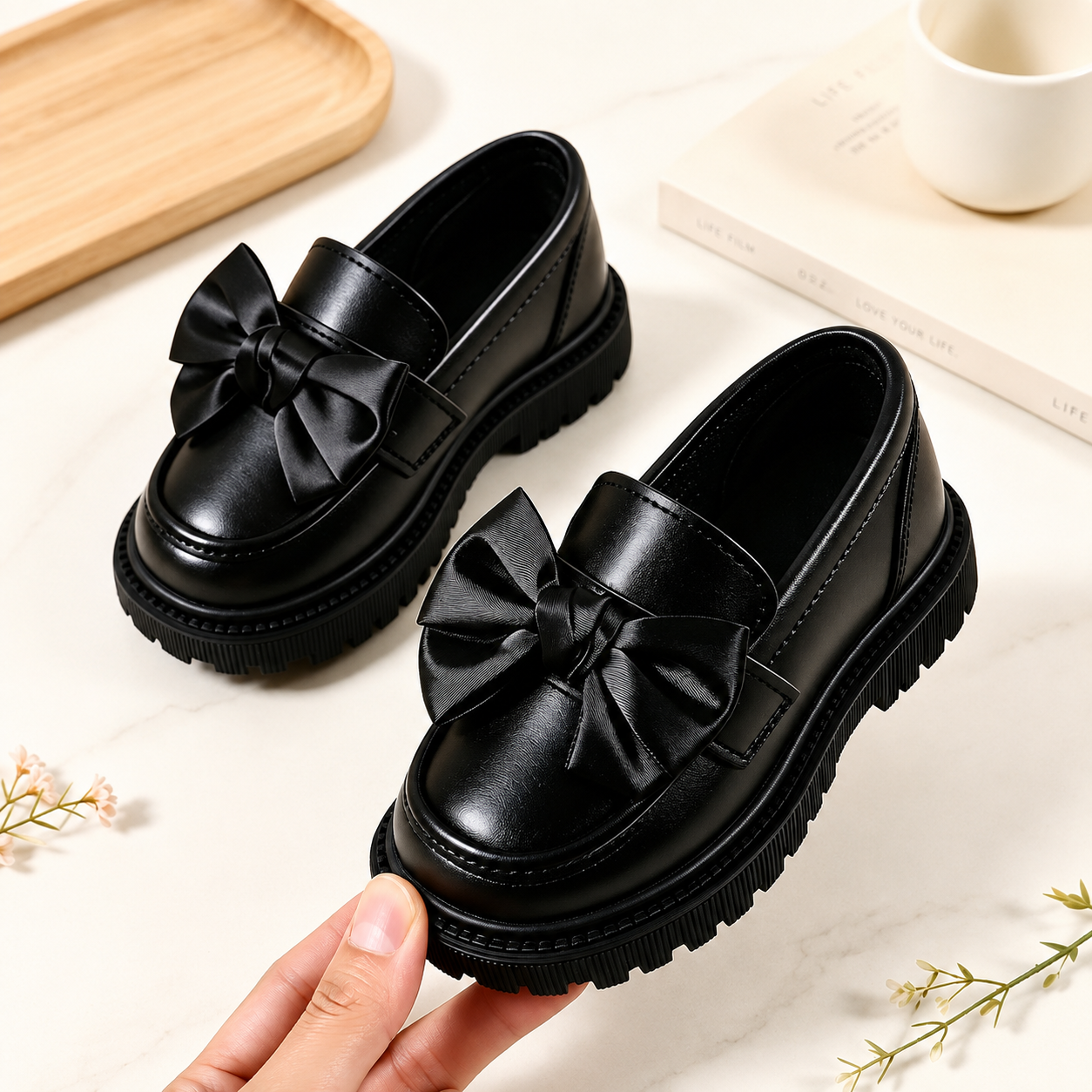 Thick Sole Daily Wear Comfy Loafers With Large Bow For Kids