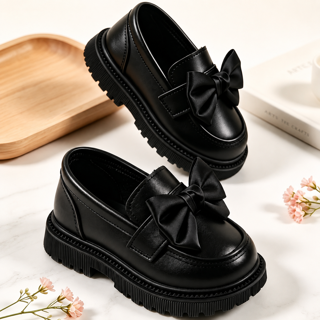 Thick Sole Daily Wear Comfy Loafers With Large Bow For Kids