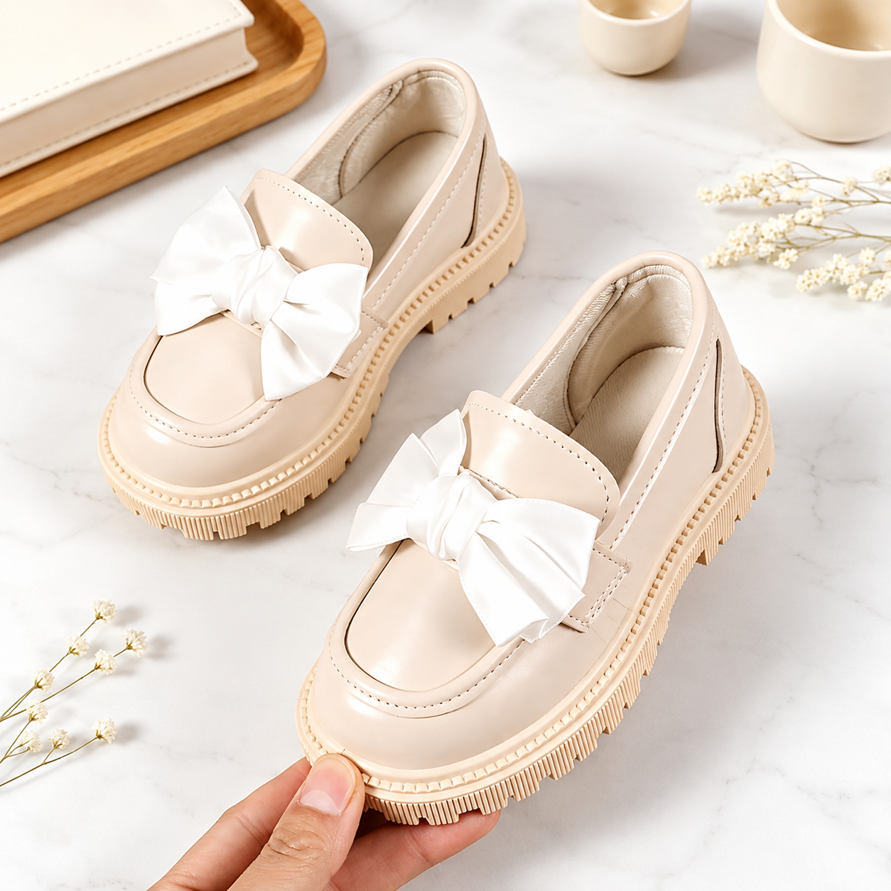 Thick Sole Daily Wear Comfy Loafers With Large Bow For Kids