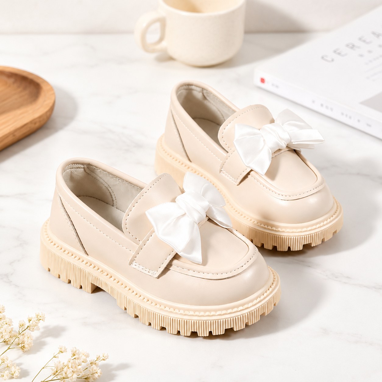 Thick Sole Daily Wear Comfy Loafers With Large Bow For Kids