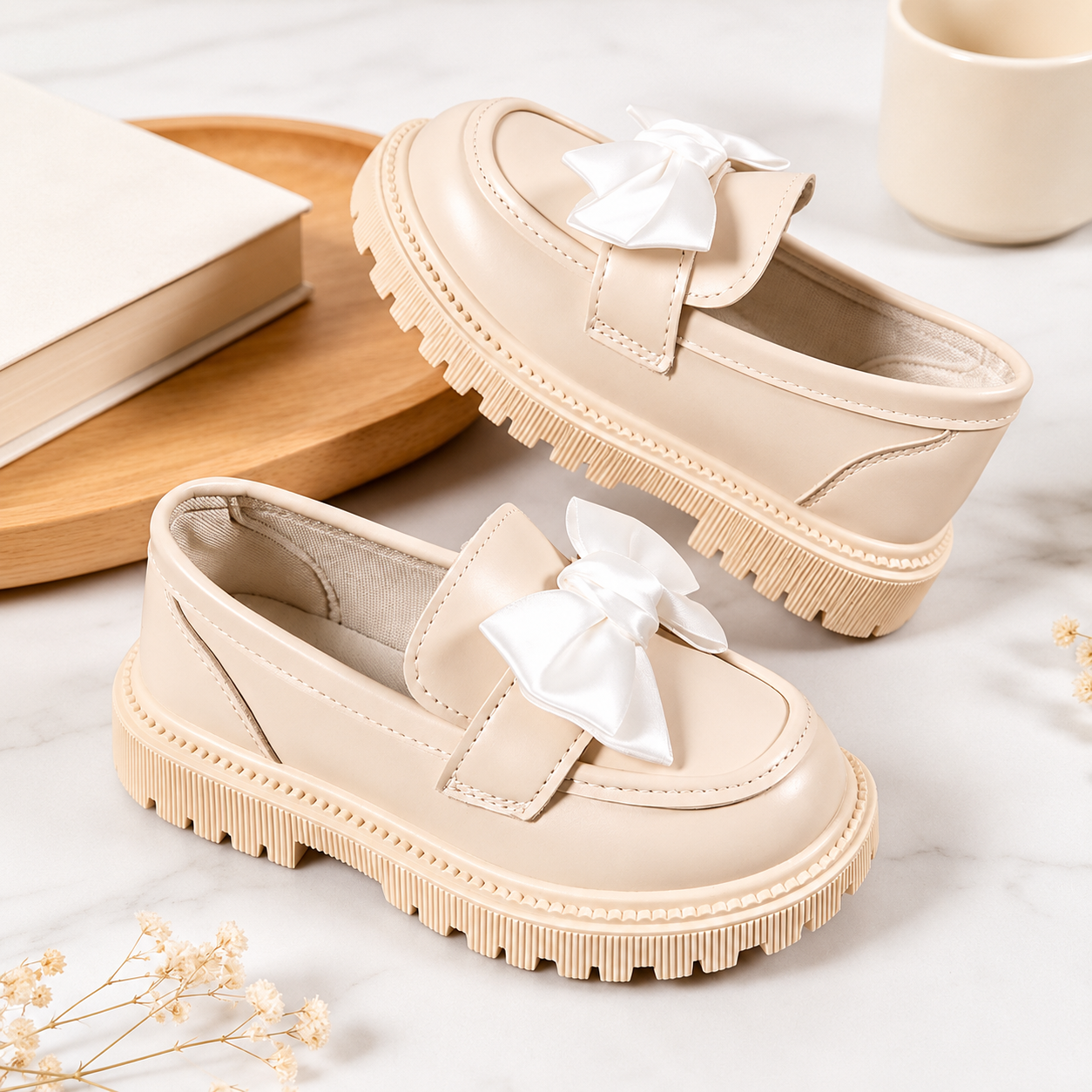 Thick Sole Daily Wear Comfy Loafers With Large Bow For Kids
