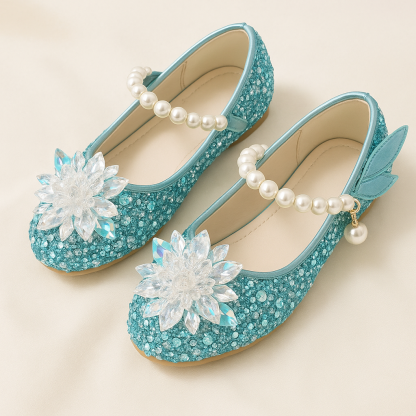Sparkling Pink Princess Shoes With Crystal Flower And Pearl Strap