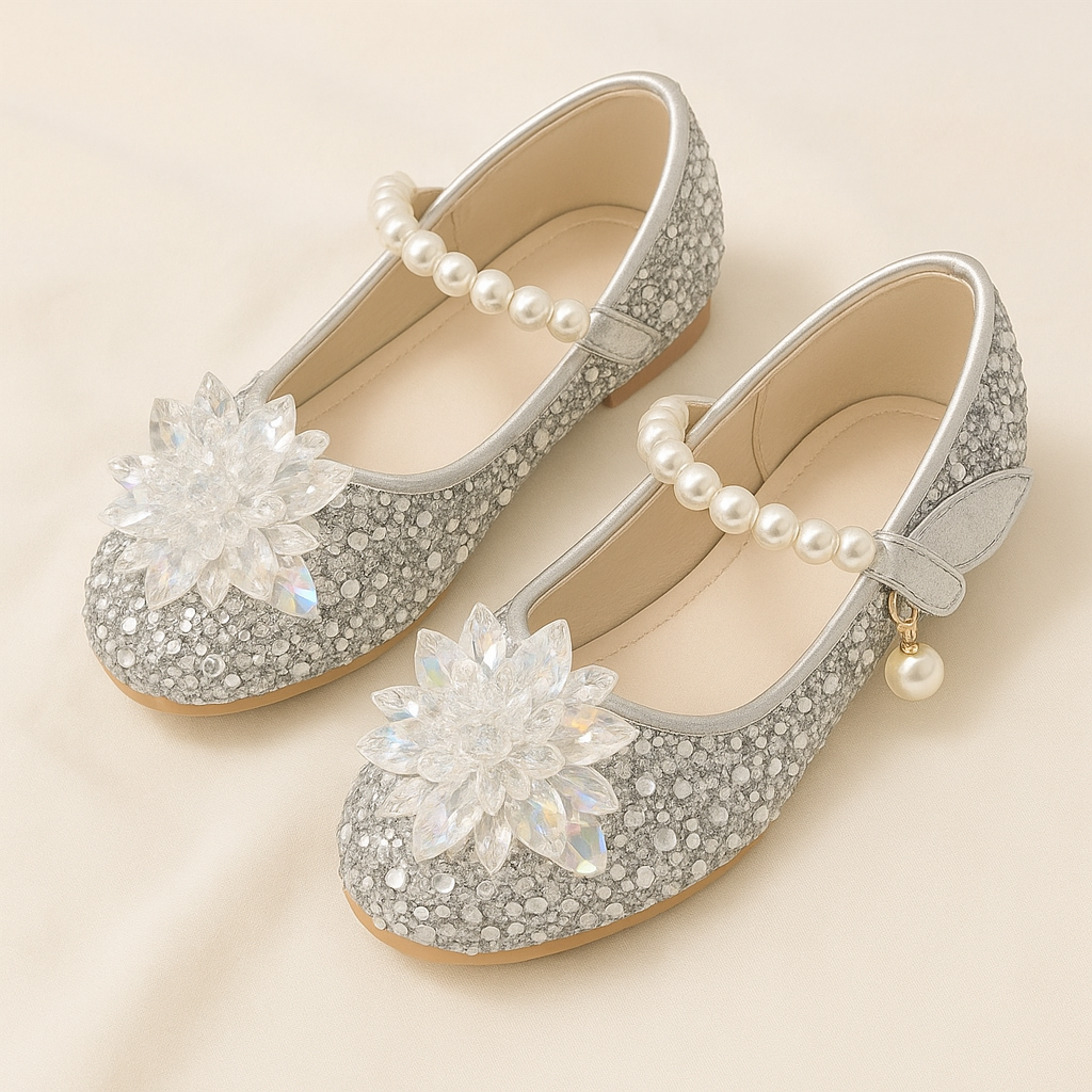 Sparkling Pink Princess Shoes With Crystal Flower And Pearl Strap