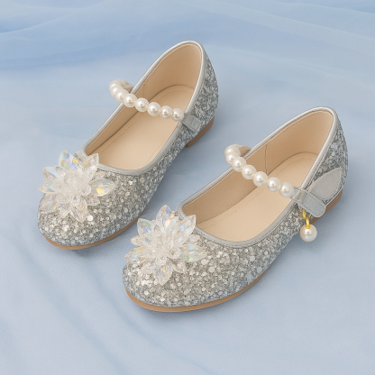 Sparkling Pink Princess Shoes With Crystal Flower And Pearl Strap