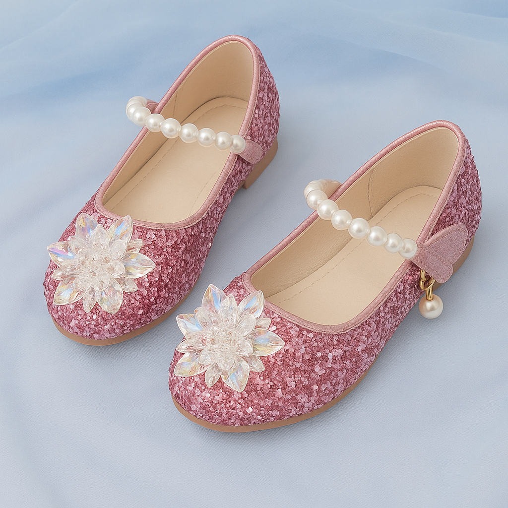 Sparkling Pink Princess Shoes With Crystal Flower And Pearl Strap