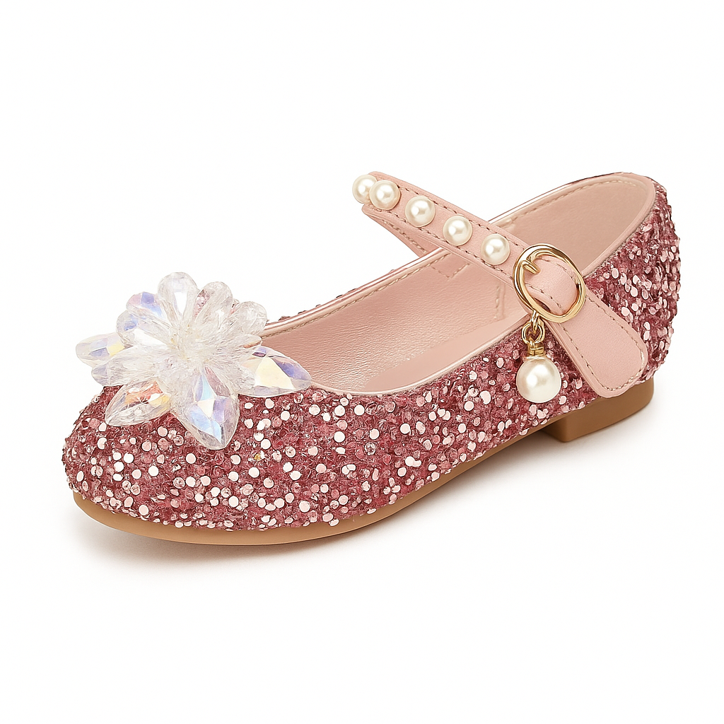 Sparkling Pink Princess Shoes With Crystal Flower And Pearl Strap