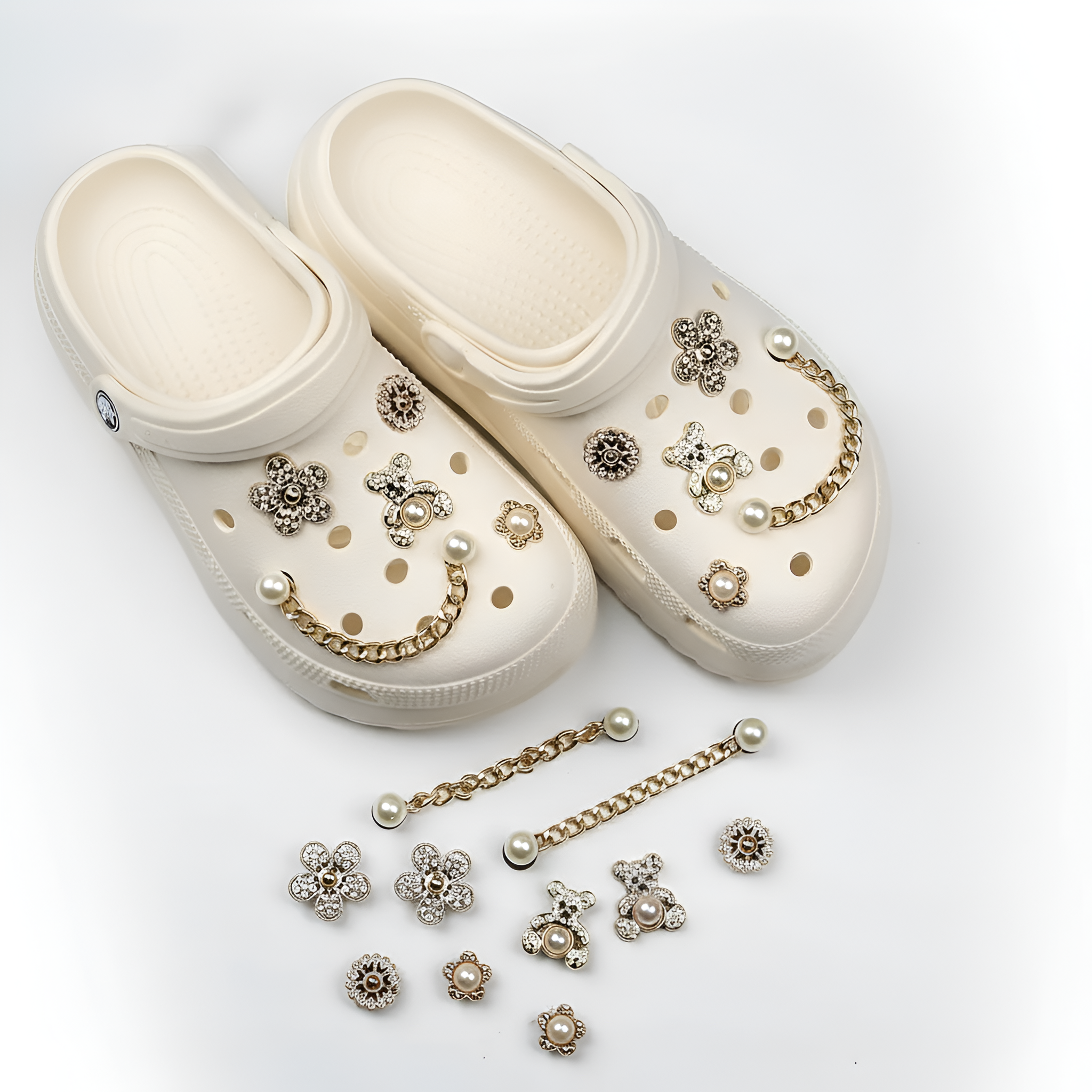 10pcs Cute Bear & Faux Pearl & Rhinestone Design Shoes Decorations, Fashionable Novelty Shoes Decorations For Clogs Design, Dazzling Glamour Trendy Holiday Shoe Accessories for women & girls