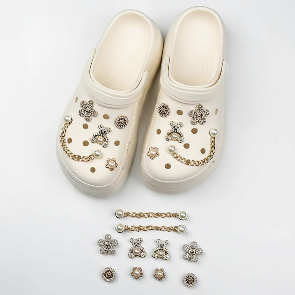 10pcs Cute Bear & Faux Pearl & Rhinestone Design Shoes Decorations, Fashionable Novelty Shoes Decorations For Clogs Design, Dazzling Glamour Trendy Holiday Shoe Accessories for women & girls