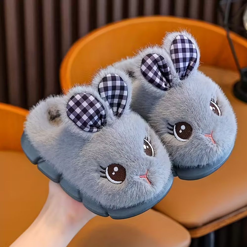 Plush Bunny Slip On Slippers With Warm Lining And PVC Sole For Kids